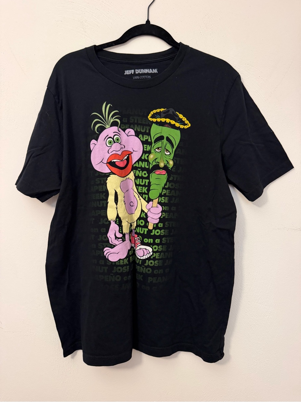 106 - Dunham Black Tee with Yellow and Pink Cartoon Accents